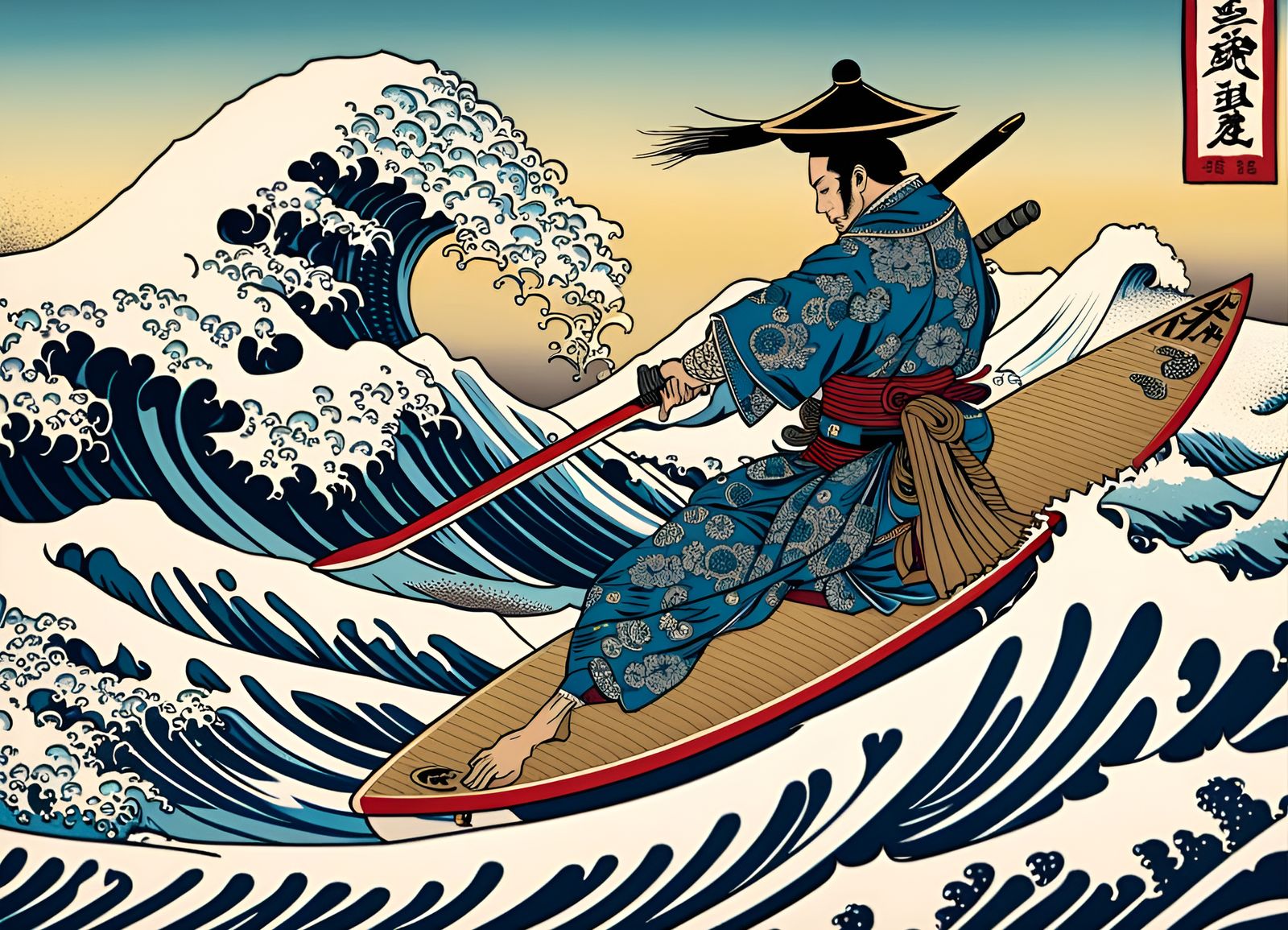Samurai Surfer Rides Great Wave: Ukiyo-e Style