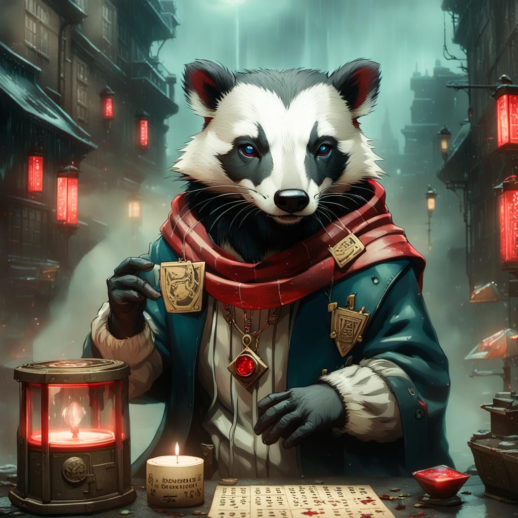 Cyberpunk Badger in Rainy Alleyway