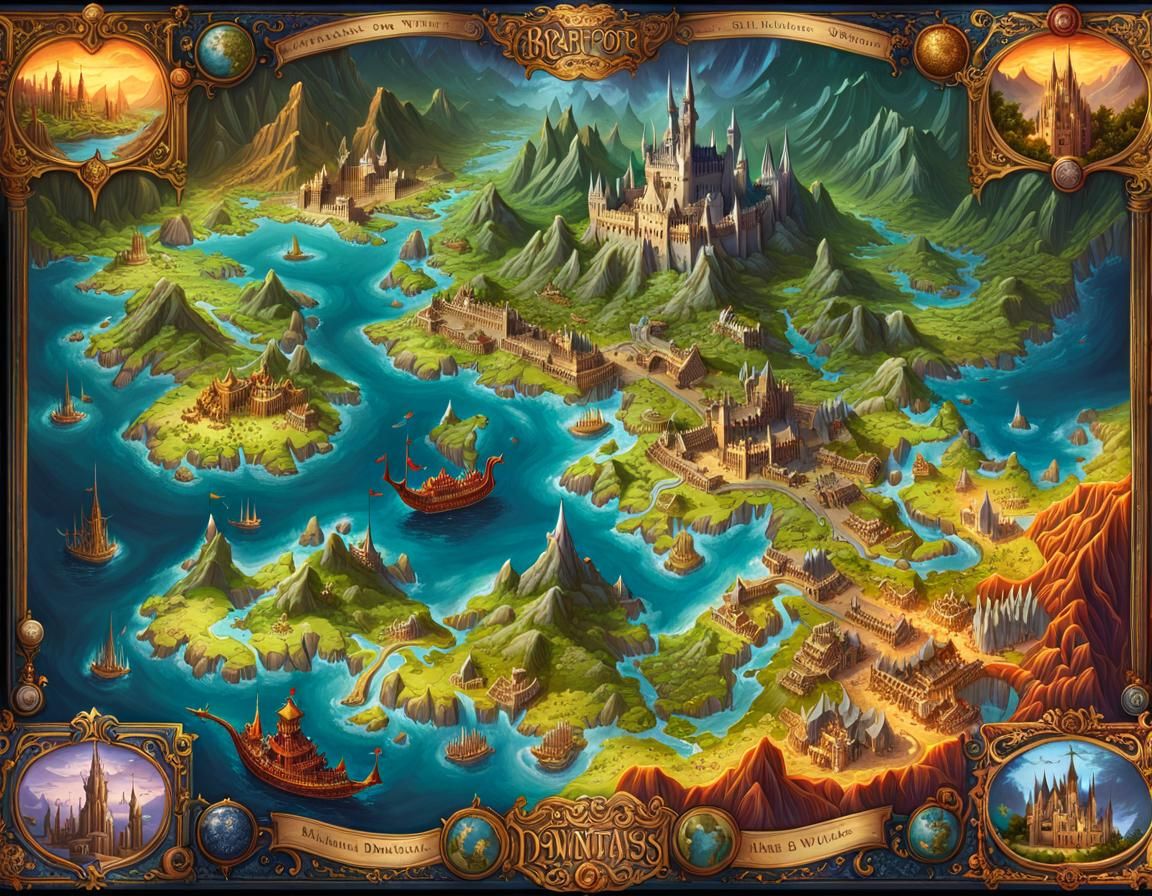 Detailed Fantasy World Map with Dragons and Knights