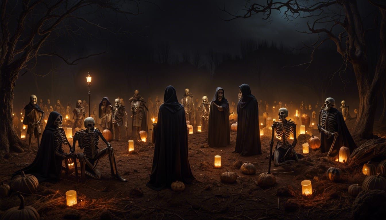 Halloween Skeletons Chatting in Graveyard Oil Painting