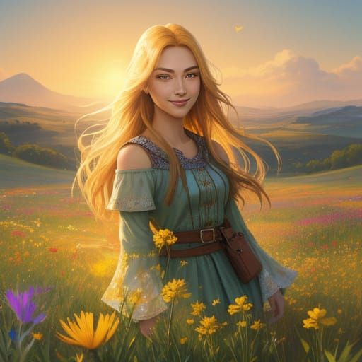 Young Woman in Sunlit Meadow, Vivid Digital Fantasy Art