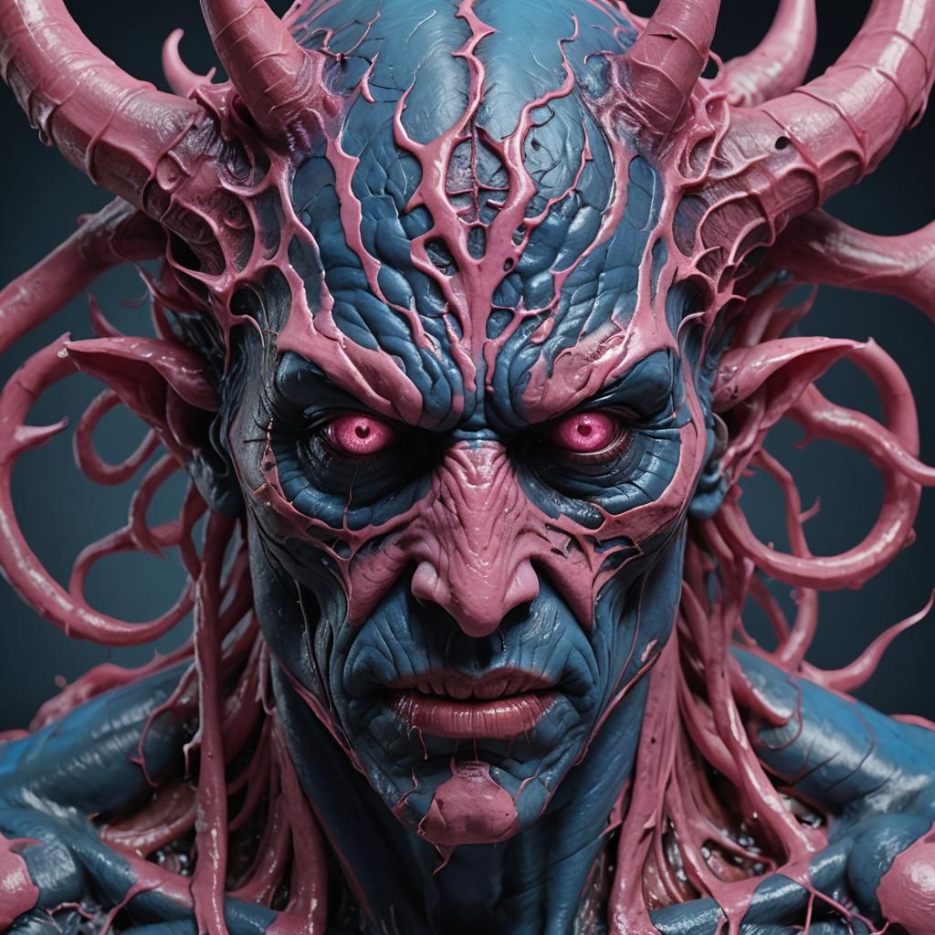 Eerie Blue-Pink Demon Portrait in Hyper-Realistic Style