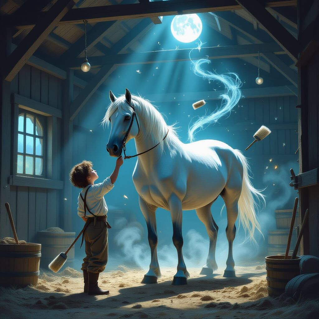 Magical Stable Boy Levitating in Enchanted Barn