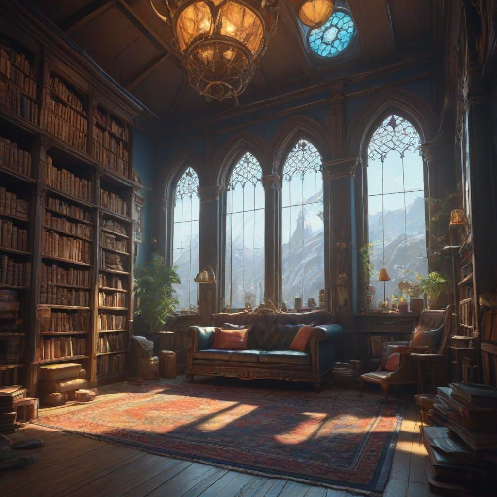 Whimsical Library Scene with Fantasy Creatures