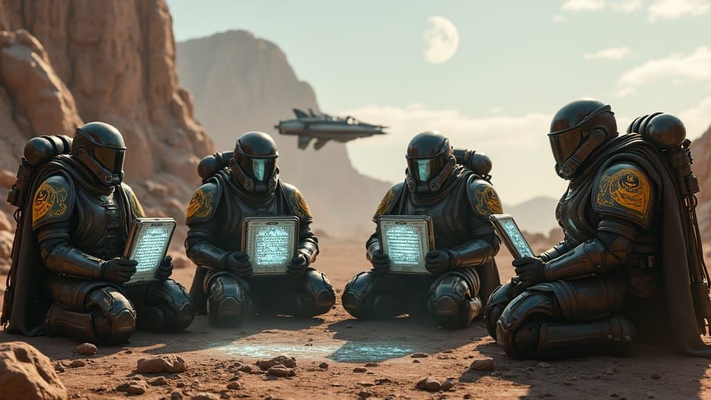 Futuristic Muslim Space Marines Reading Quran