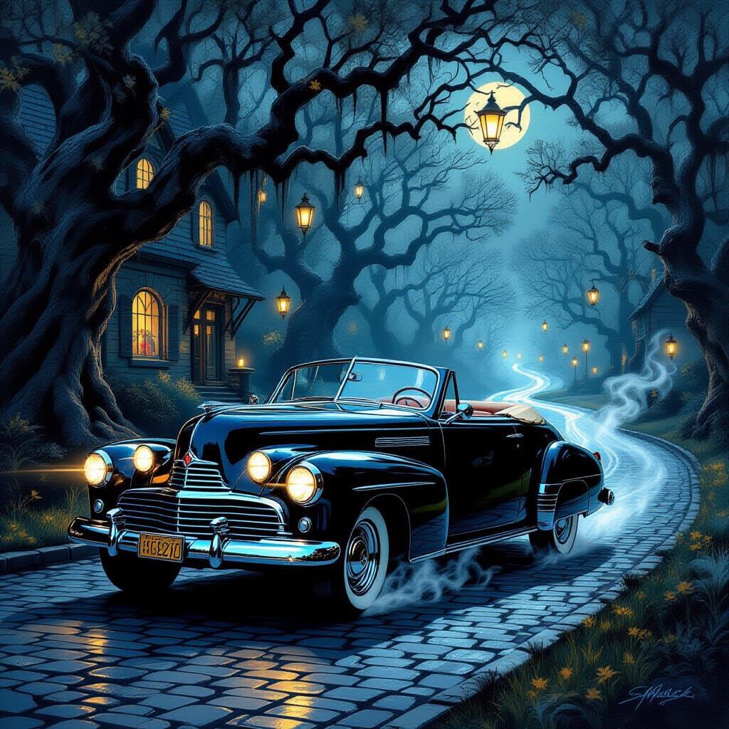 Obsidian Convertible on Moonlit Road in Oil Painting Style