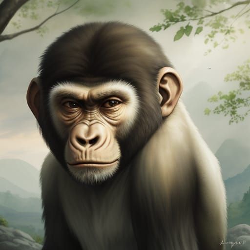 Ape Sitting on Rock in Watercolor Style