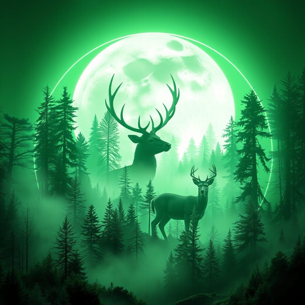 Ethereal Forest Deer Double Exposure in Neon Moon