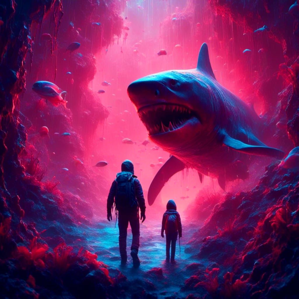 Neon Chibi Shark in Hyperdetailed Seascape