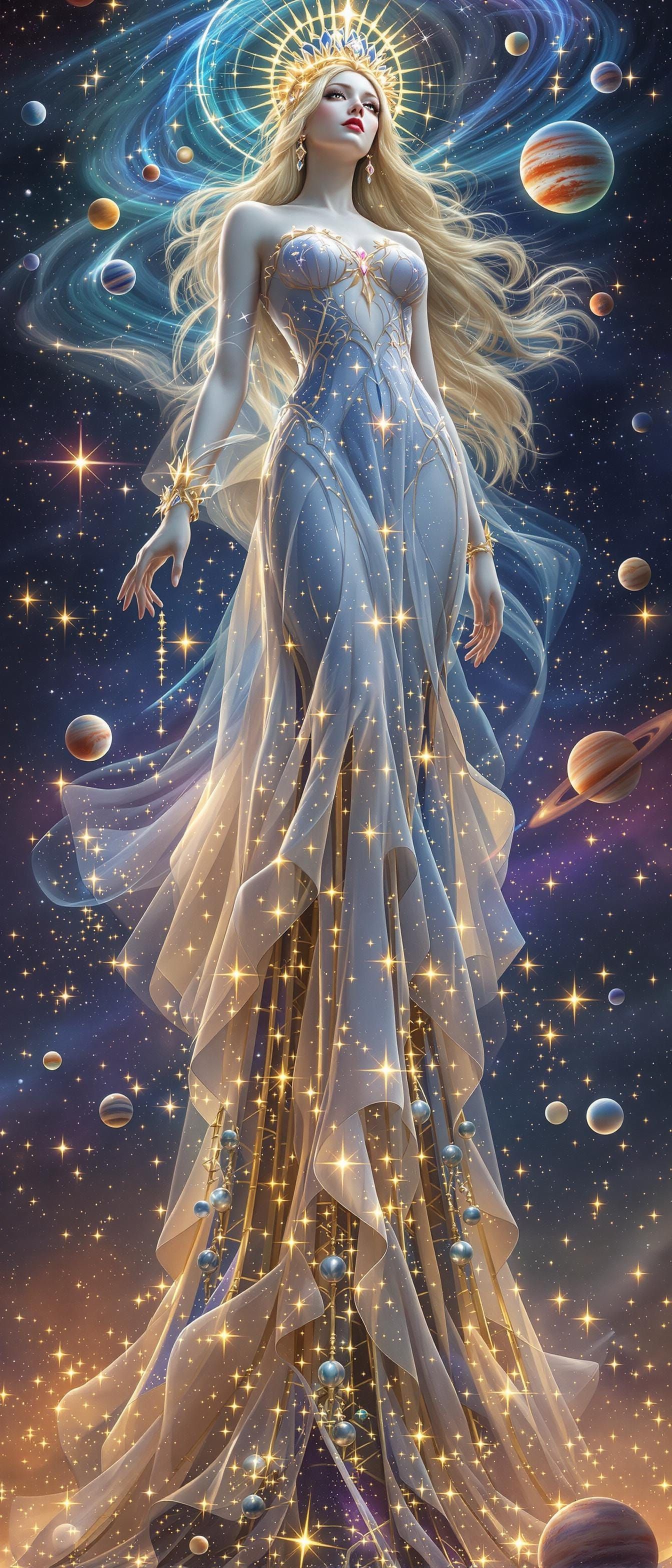 Cosmic Goddess in Celestial Landscape, Hyperrealistic Art