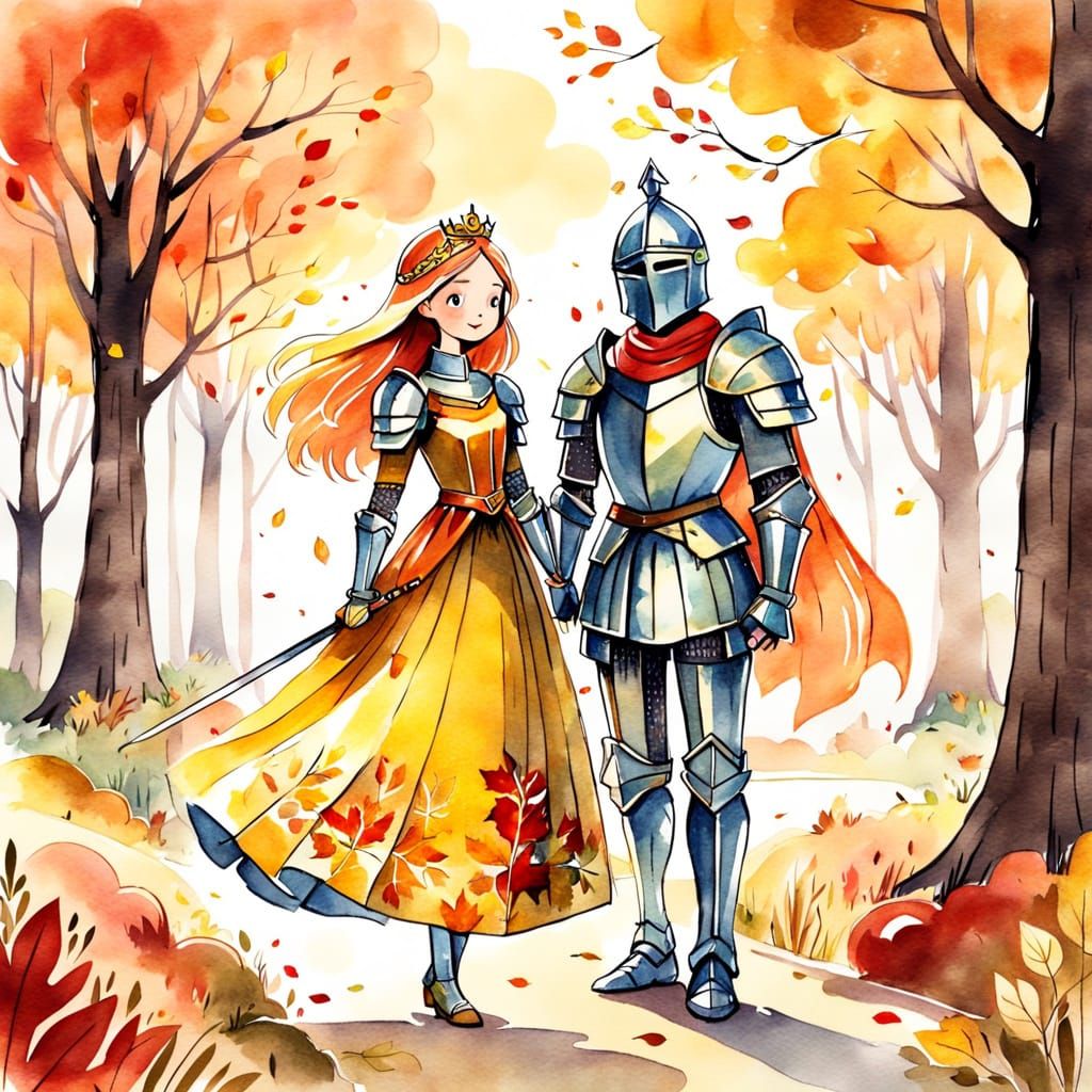 Whimsical Autumn Knight and Princess in Watercolor Cartoon S...