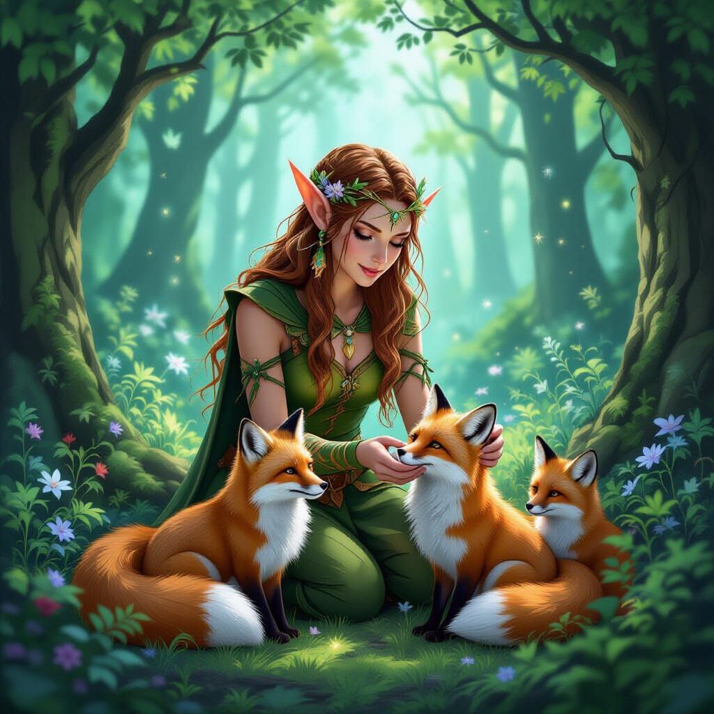Forest Elf Tending Foxes in Magical Woods