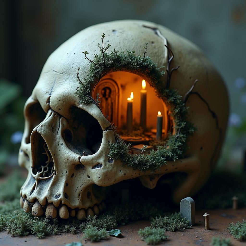 Eerie Church Diorama Inside Skull in Surreal Style