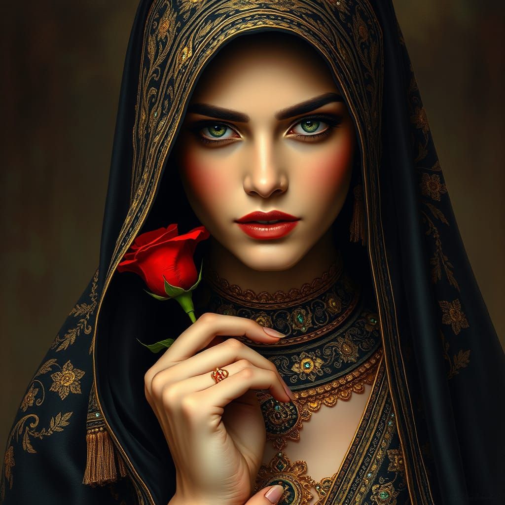 Regal Arab Woman in Luxurious Veil and Bejeweled Gown, Holdi...