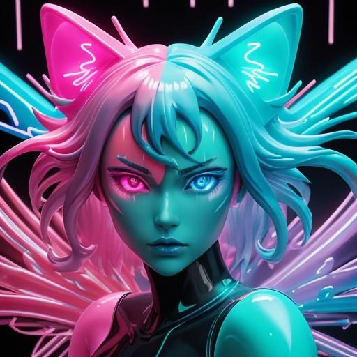 Anime Cat Girl Figurine with Neon Liquid Splash