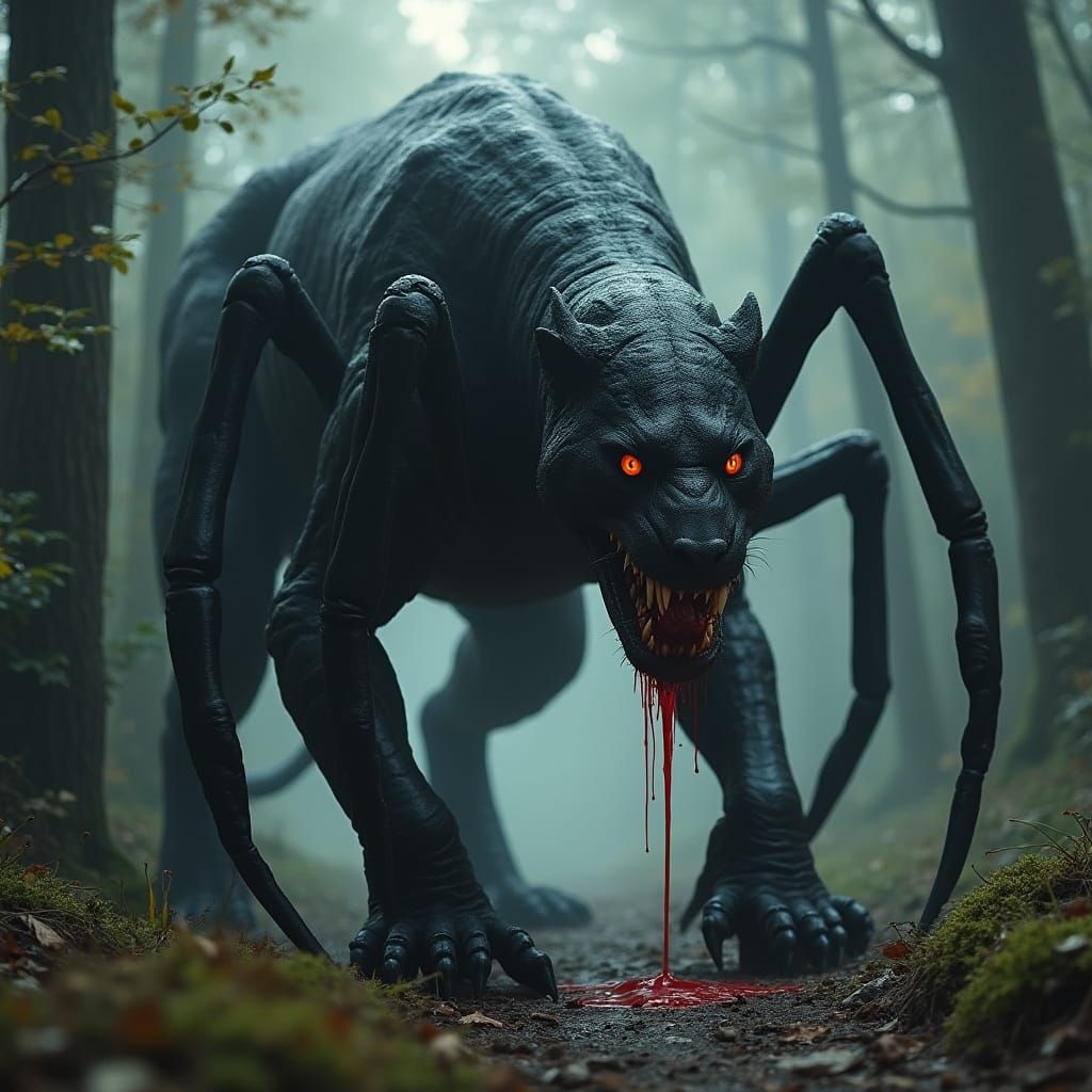 Panther-Rex-Spider Hybrid Devouring Human in Dark Forest