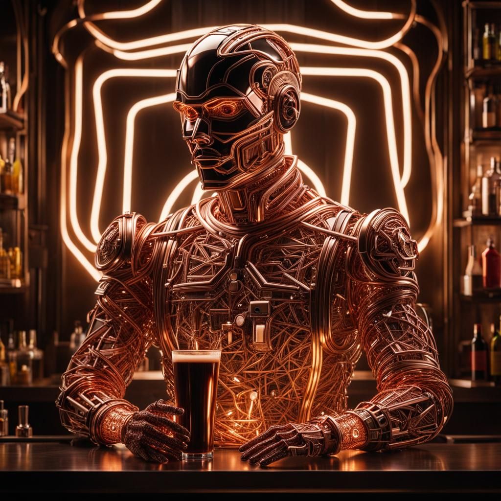 Hyperrealistic Cyborg Bartender Made of Copper Wire