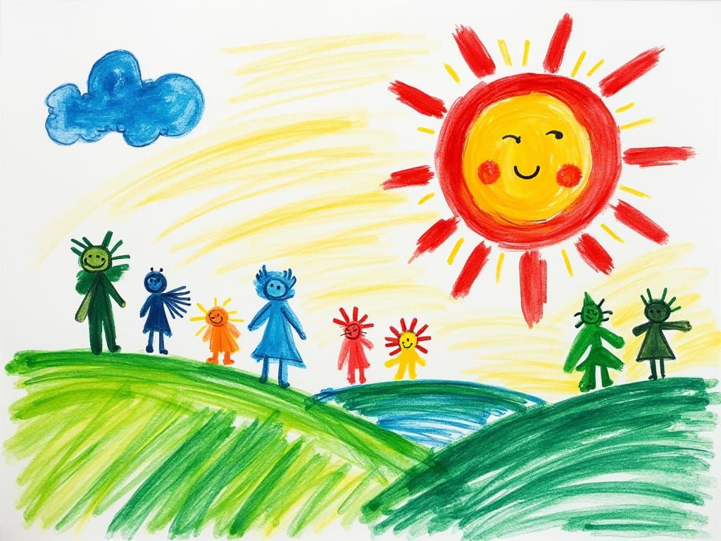 Vibrant Crayon Landscape in a Child's Artistic Style