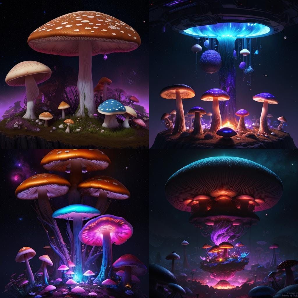Fantastical Mushrooms Floating in Space: Digital Art