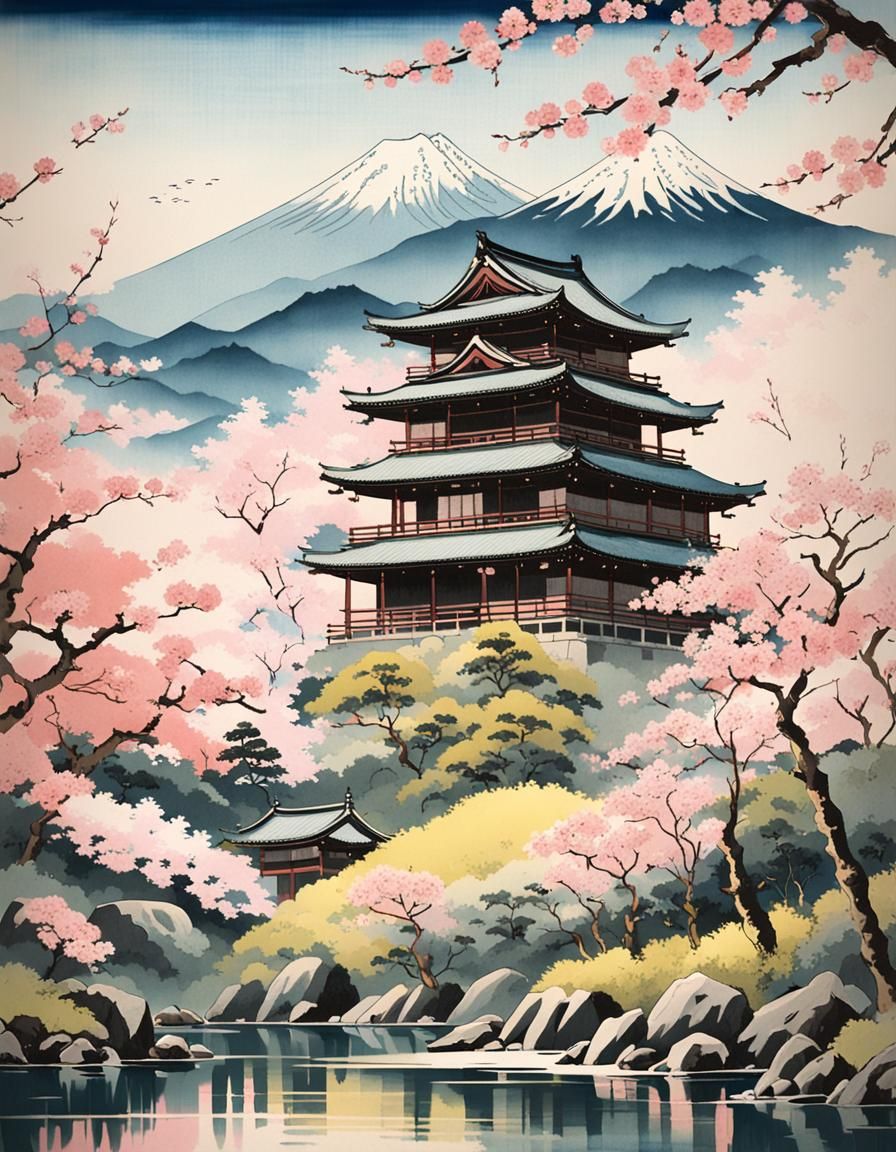 Japanese Temple with Cherry Blossoms in Ukiyo-e Style