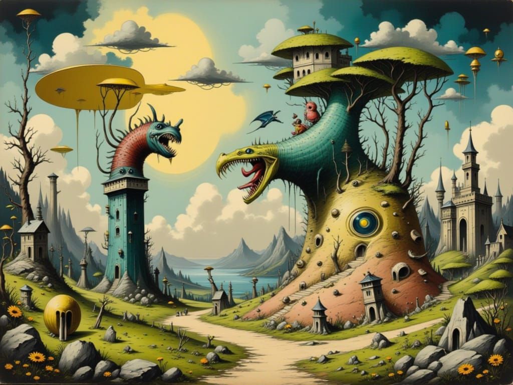 Snallygaster and Jabberwocky in Surreal Dreamscape