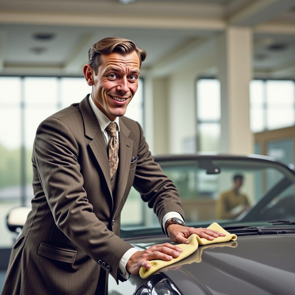Fastidiousness fussy salesman wiping off a new car in the sh...