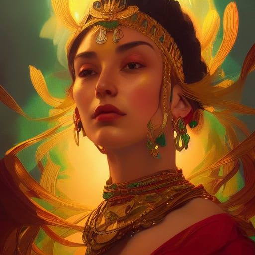 Mayan Queen Portrait in Hyperdetailed Triadic Colors