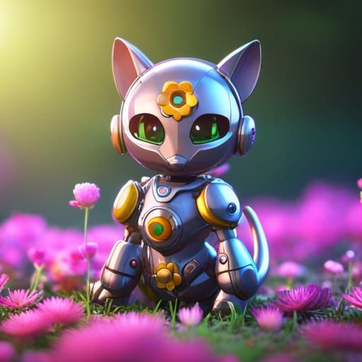 Adorable Floral Robot Cat: Sci-Fi Digital Art