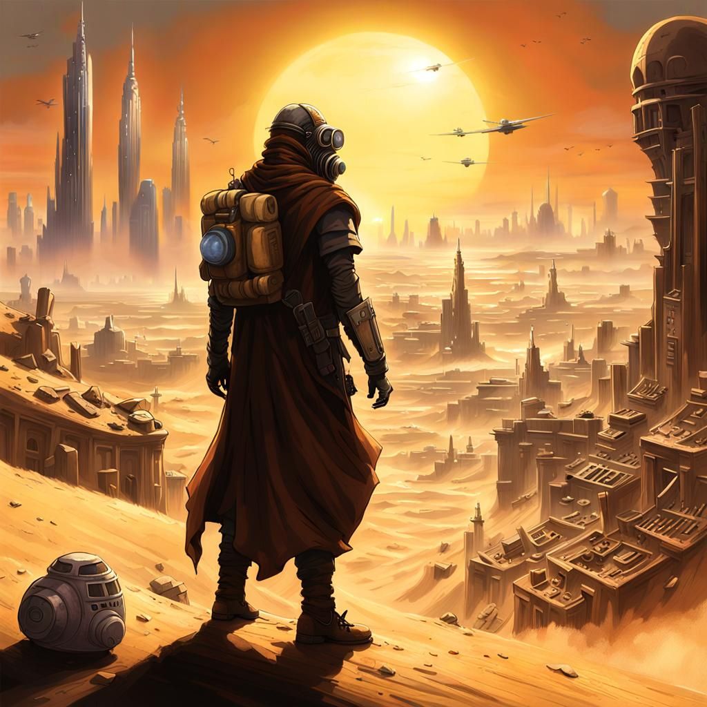 Futuristic Sandworm Rider in Post-Apocalyptic Cityscape