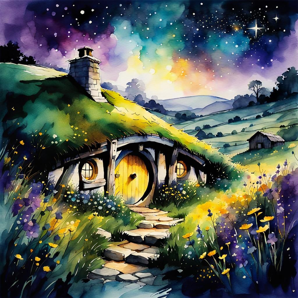 Hobbit Hole in Shire: Watercolor Illustration