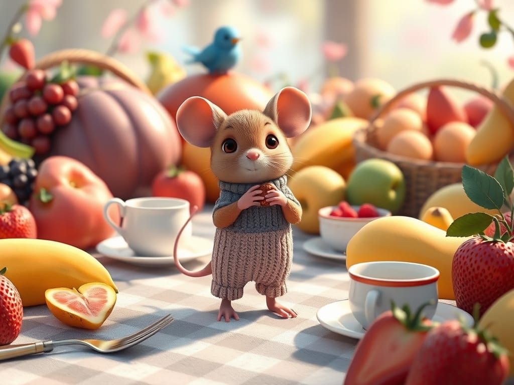 Cartoon Mouse at Giant Picnic in Painterly 3D Style