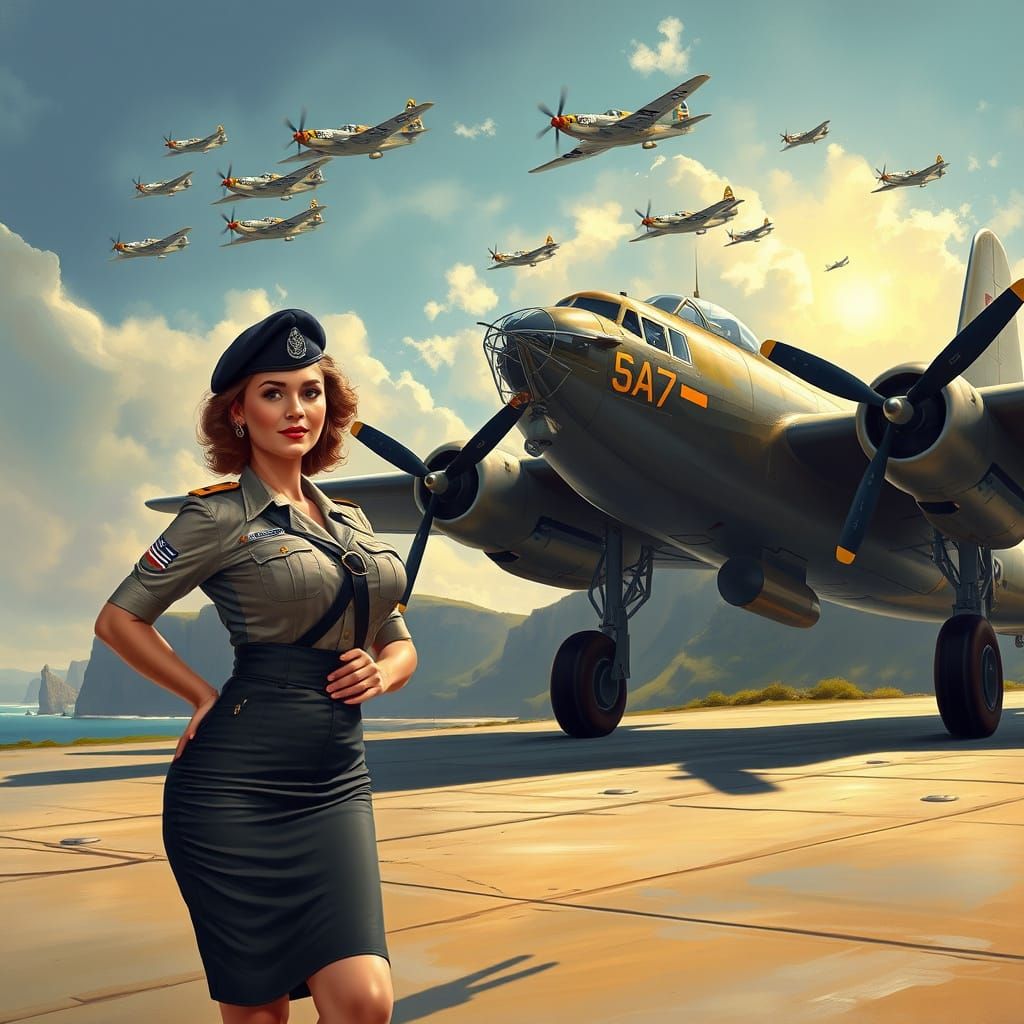 Vintage Pin-Up Girl in Air Force Uniform near B-17 Flying Fo...