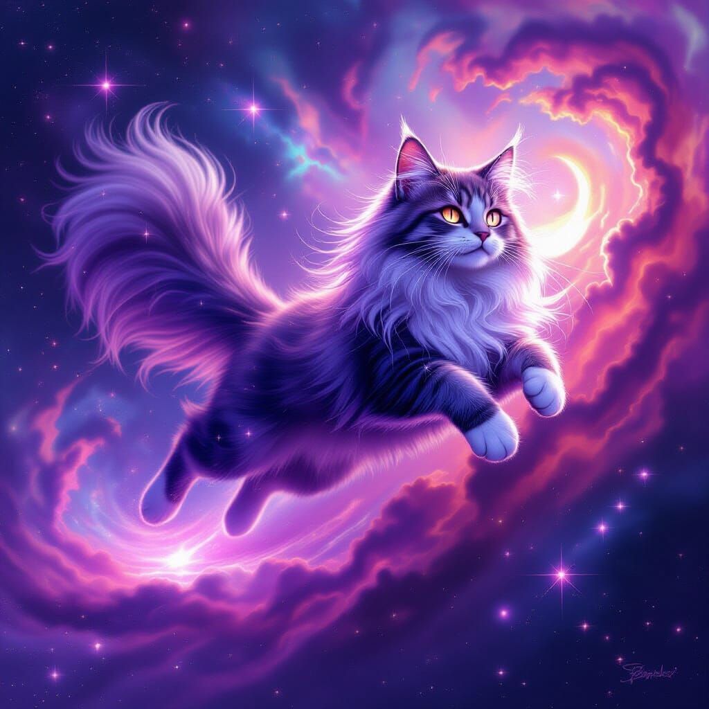 Cosmic Cat Leaps Through Nebula in Fantasy Art