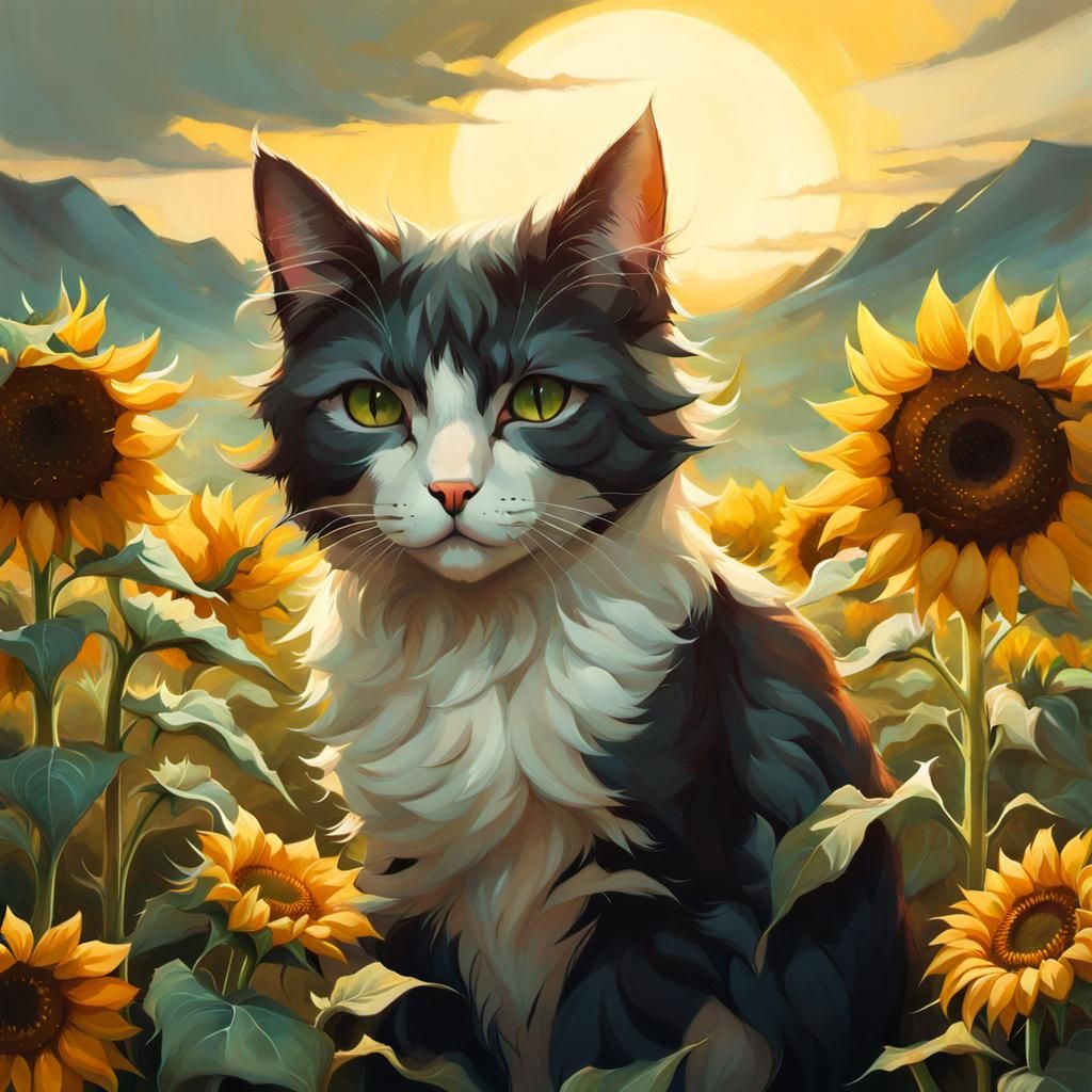 Cat in Sunflower Field with Muted Colors