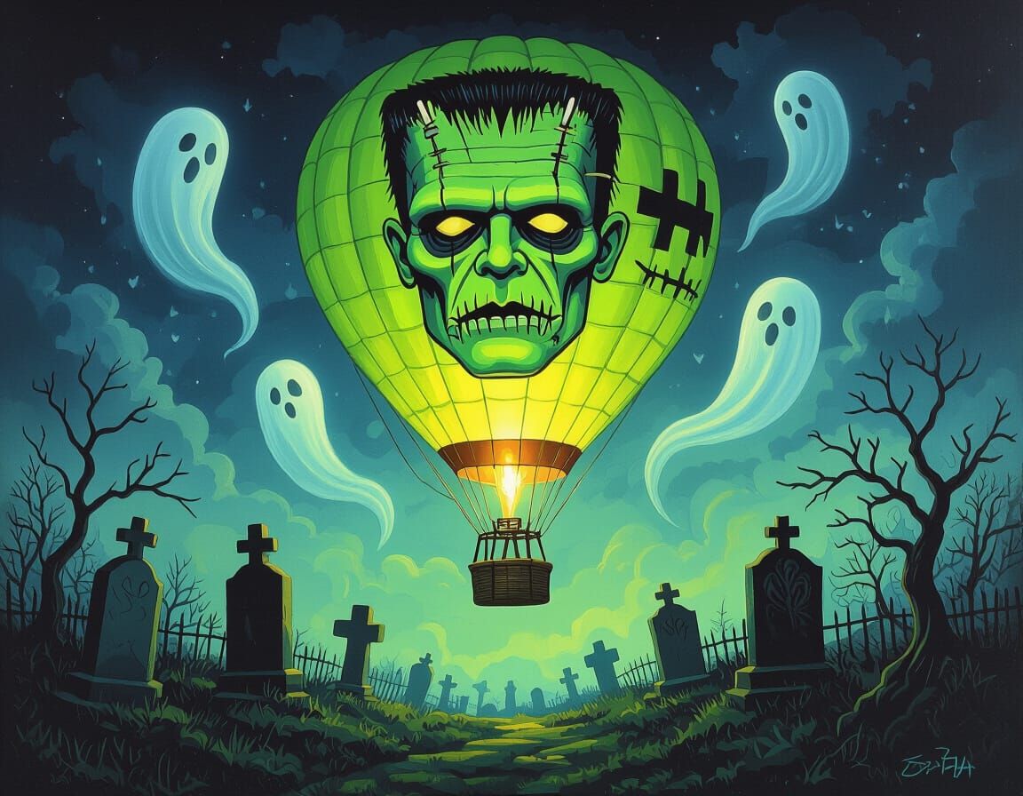 Neon Frankenstein Hot Air Balloon Over Graveyard