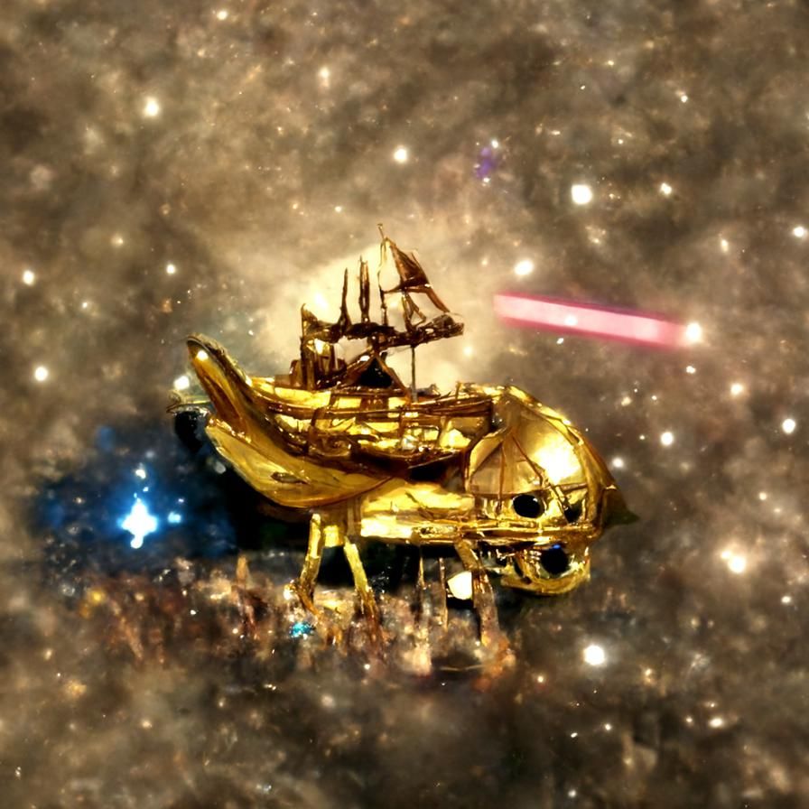 Golden Pirate Ship Sailing Through Galaxy