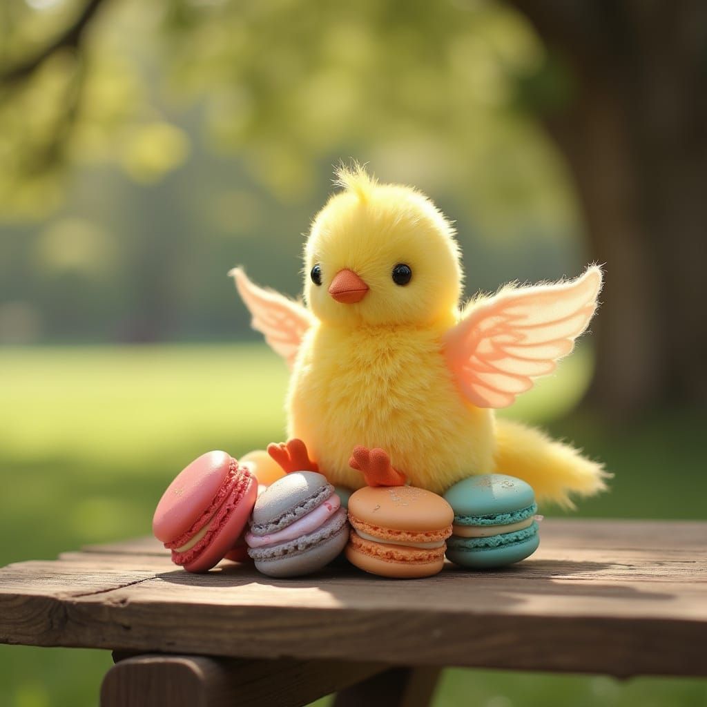 Whimsical Bird Toy Perched on Macarons in a Serene Park