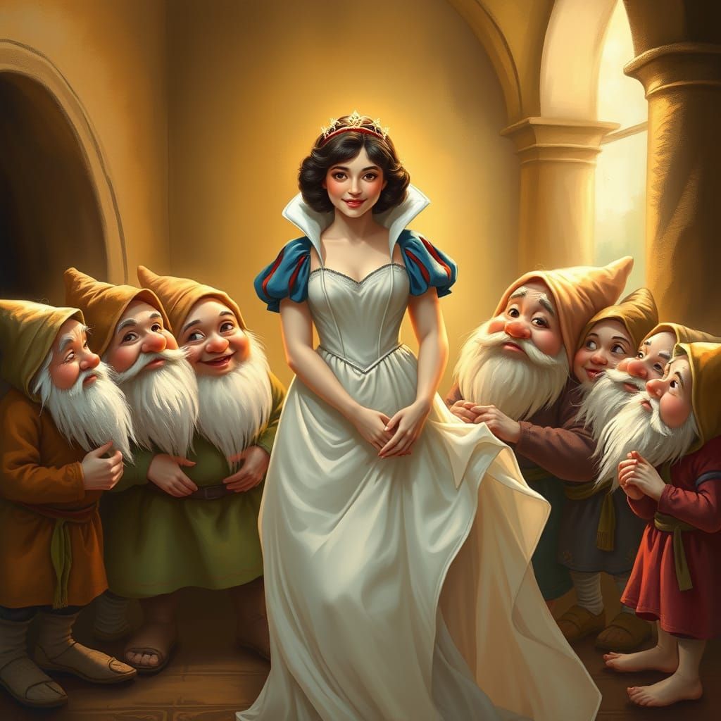 Renaissance Snow White in Nylons Surrounded by Joyful Dwarve...