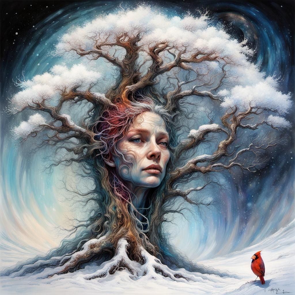 Snowy Persephone Dryad Emerges with Cardinal