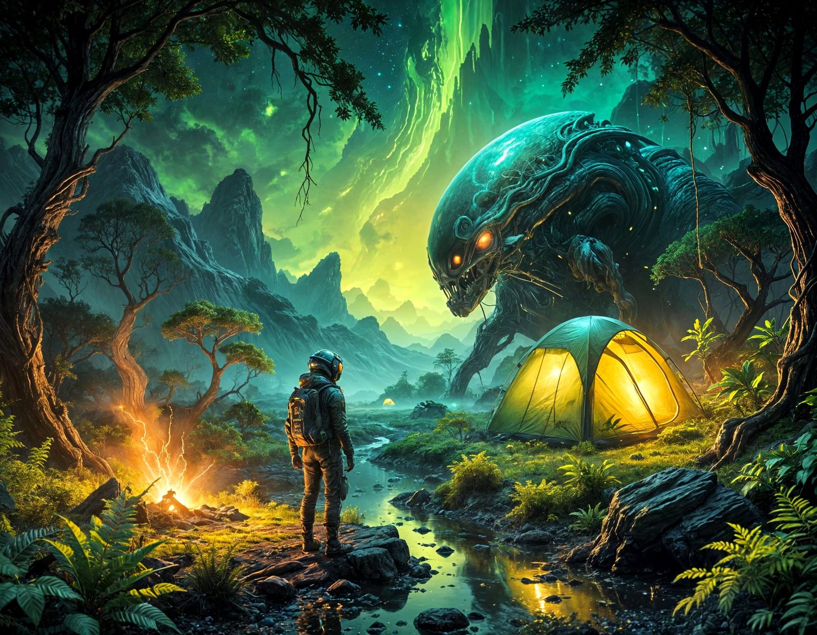 Alien Planet Camping in Vibrant Expressionist Oil Painting