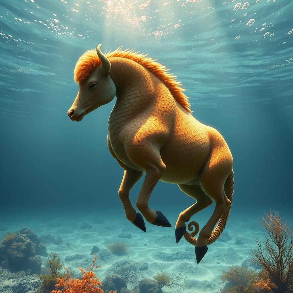 Bison-Seahorse Hybrid in Hyperrealistic Digital Art