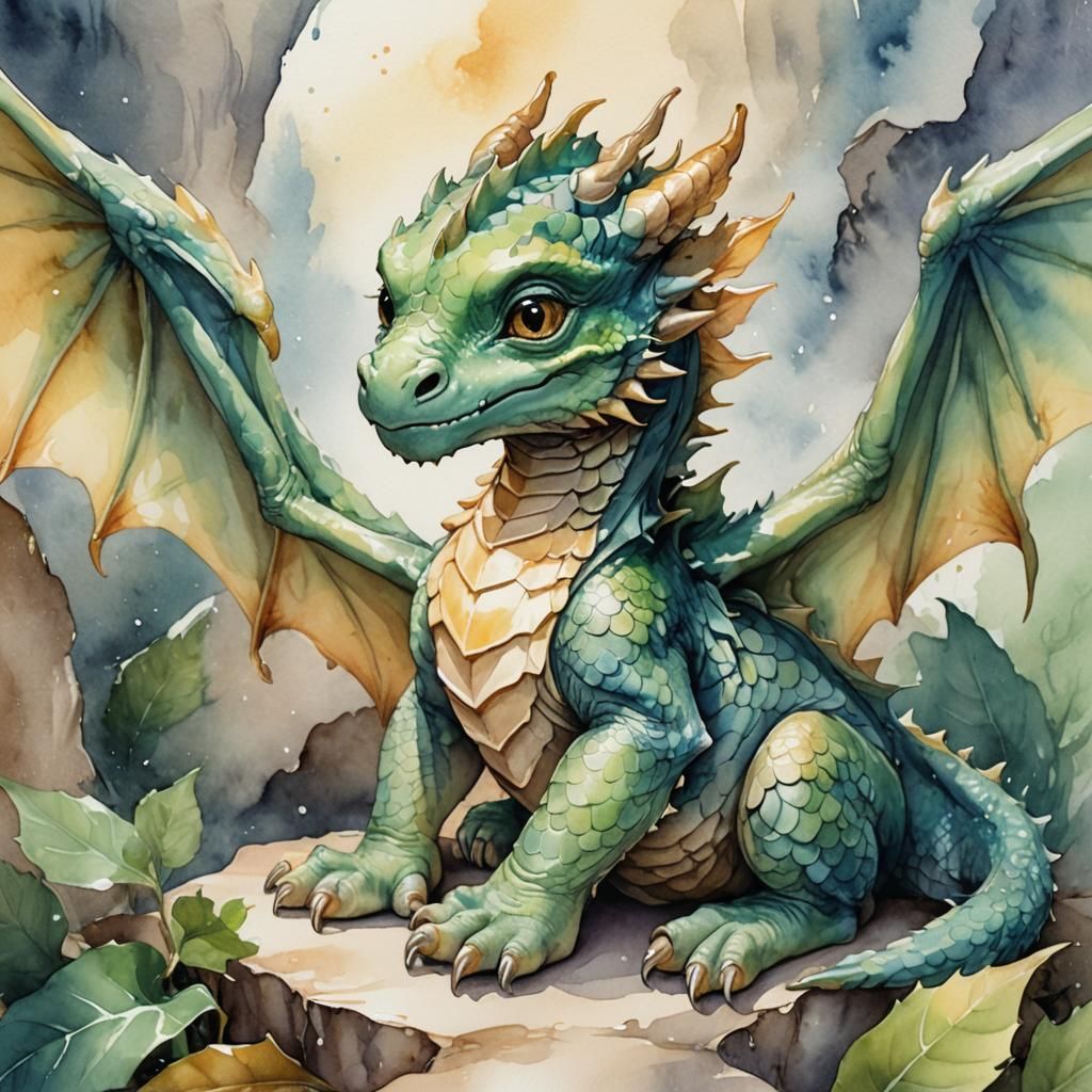 Cute Baby Dragon Watercolor Illustration