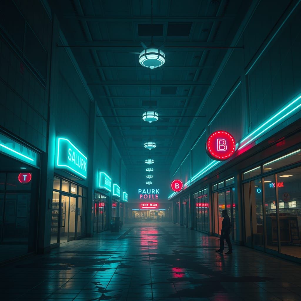 Abandoned Futuristic Mall in Dark Retrofuturism Style