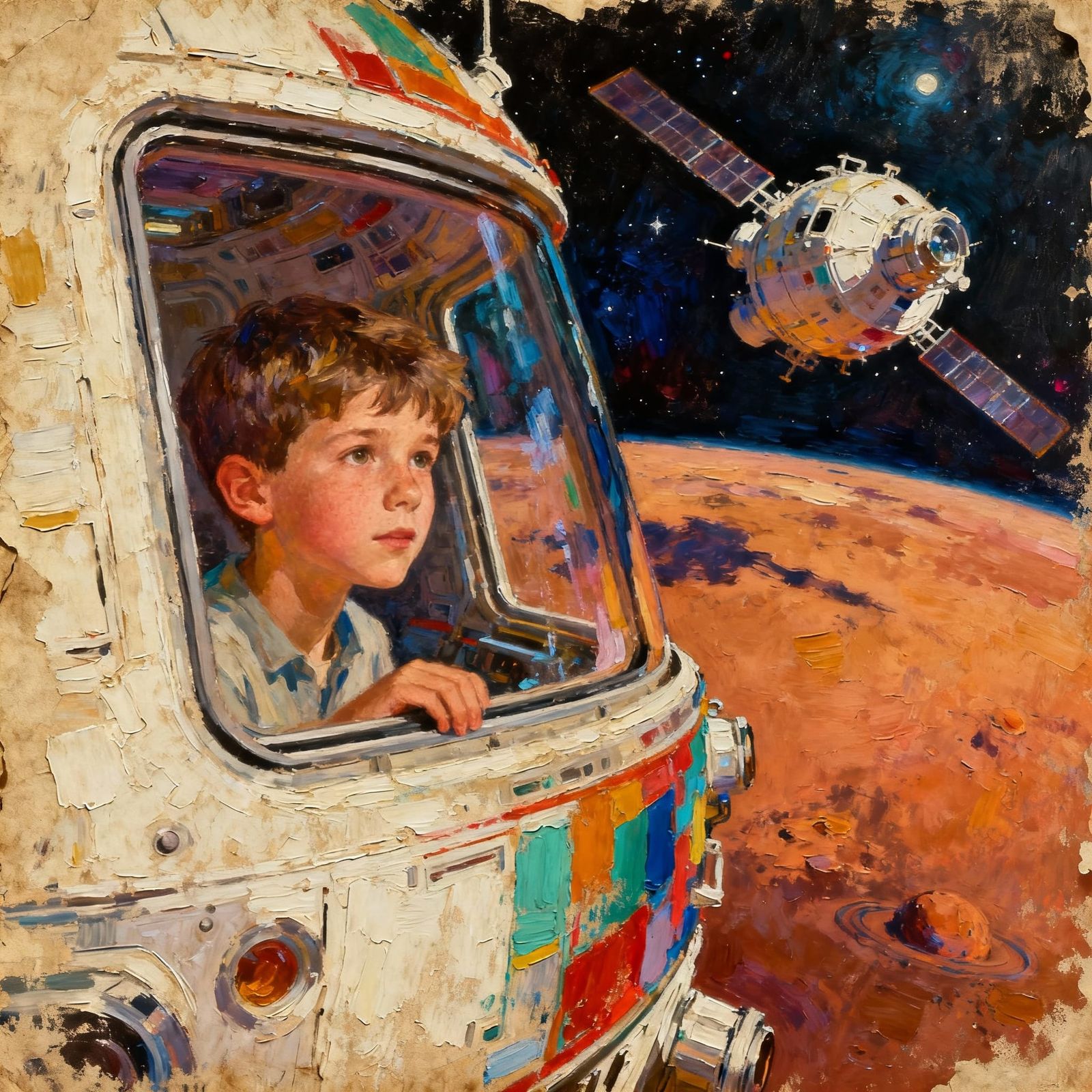 Boy Gazes from Colorful Space Station Orbiting Mars