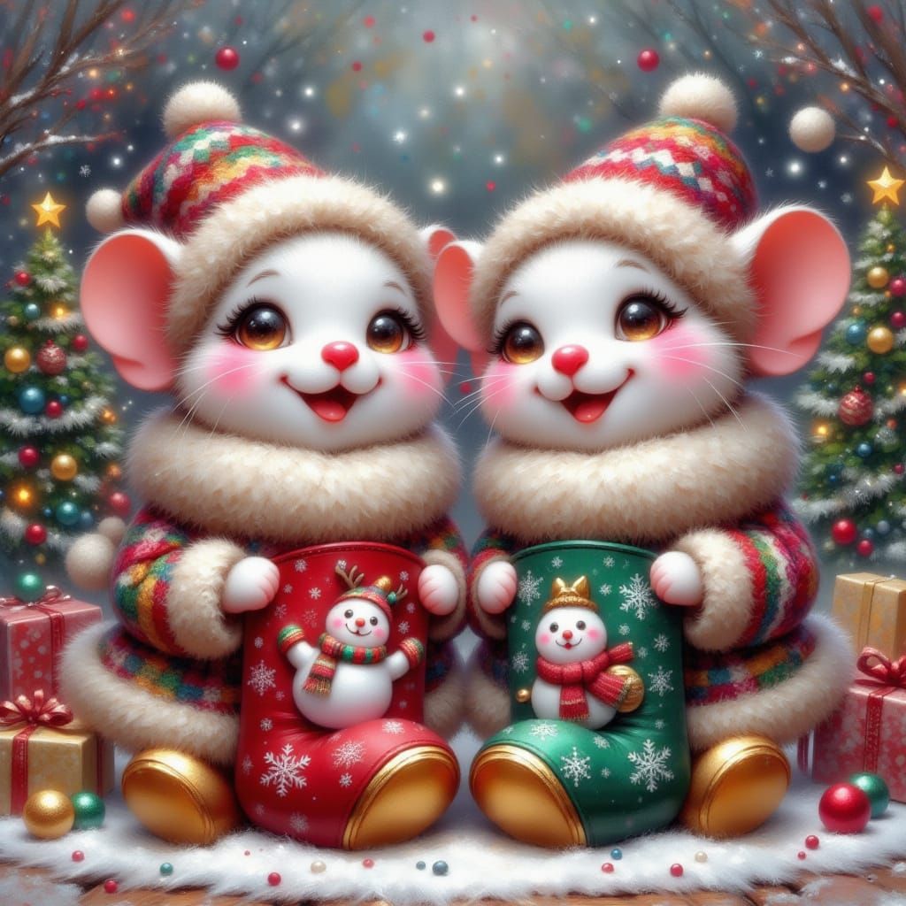 Whimsical Pastel Clowns in Festive Winter Outfits