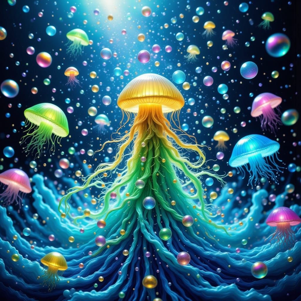 Surreal Jellyfish in a Whirlpool of Multicolored Bubbles