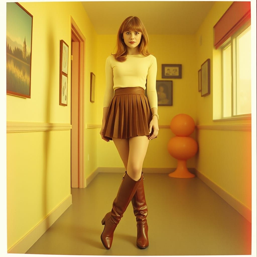 Nostalgic Woman in 1970s Setting, Polaroid-Style Photograph