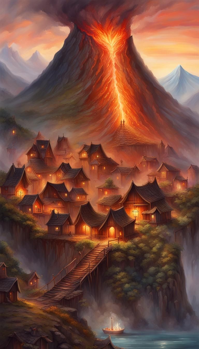 Fantasy Volcano Village: Detailed Matte Painting