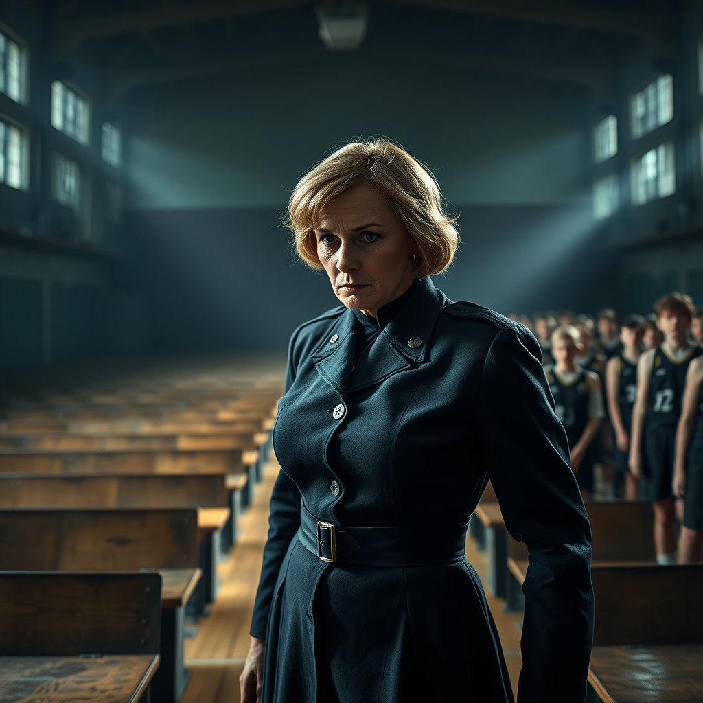 Stern Headmistress in Eerie Gymnasium, Dark Art