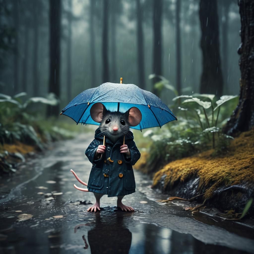 Mouse in Raincoat Steps in Puddle: Cinematic Still